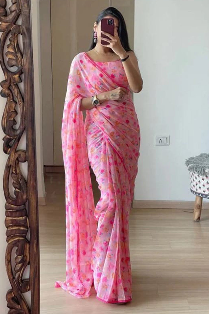 Classic 1-Minute Ready To Wear Pink Georgette Saree