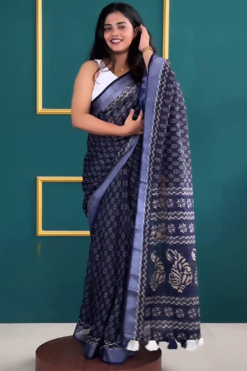 Desirable 1-Minute Ready To Wear Navy Blue Cotton Saree