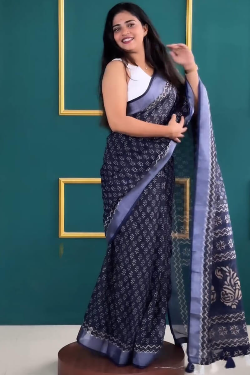 Desirable 1-Minute Ready To Wear Navy Blue Cotton Saree
