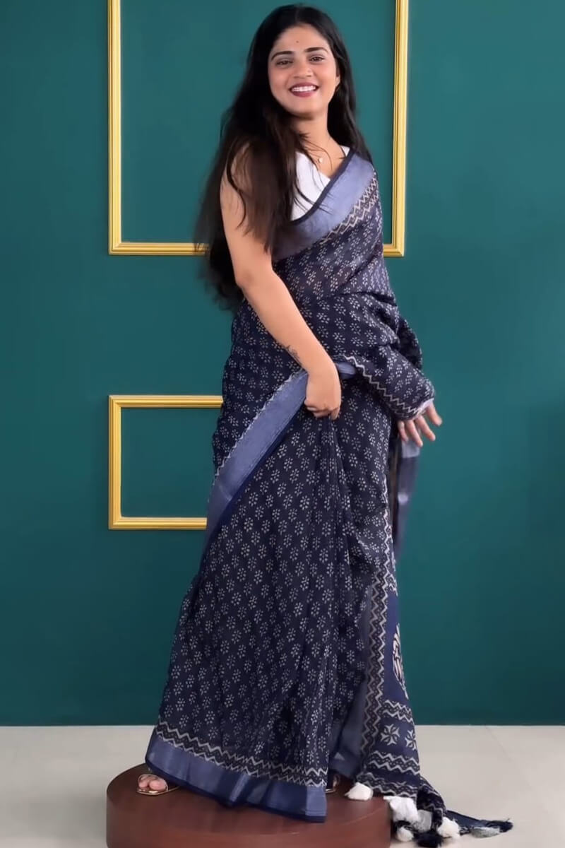 Desirable 1-Minute Ready To Wear Navy Blue Cotton Saree