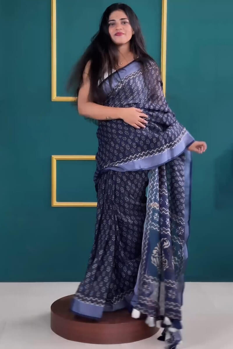 Desirable 1-Minute Ready To Wear Navy Blue Cotton Saree