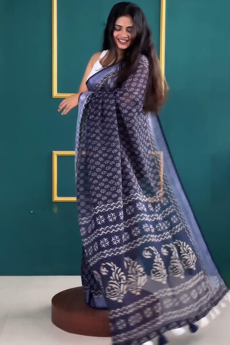 Desirable 1-Minute Ready To Wear Navy Blue Cotton Saree