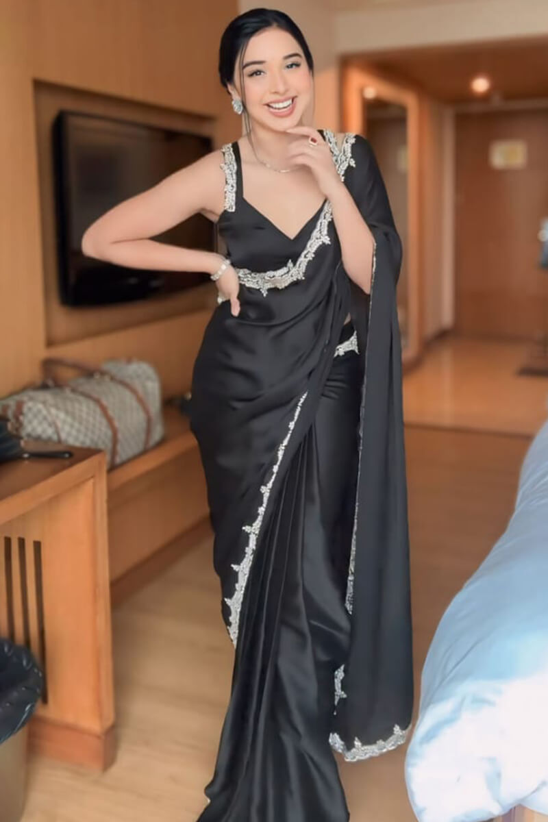Rhapsodic 1-Minute Ready To Wear Black Satin Silk Saree