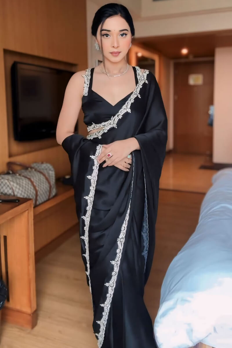 Rhapsodic 1-Minute Ready To Wear Black Satin Silk Saree