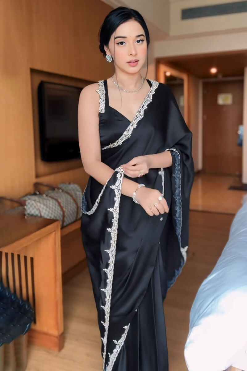 Rhapsodic 1-Minute Ready To Wear Black Satin Silk Saree