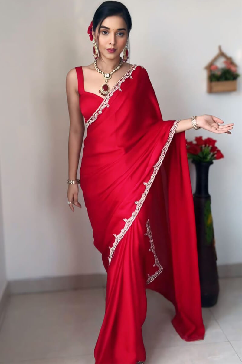 Girlish 1-Minute Ready To Wear Red Satin Silk Saree