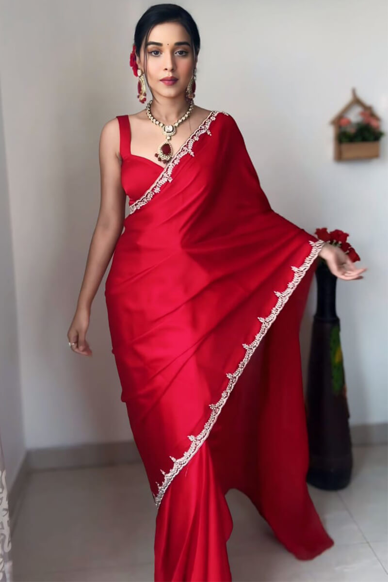 Girlish 1-Minute Ready To Wear Red Satin Silk Saree