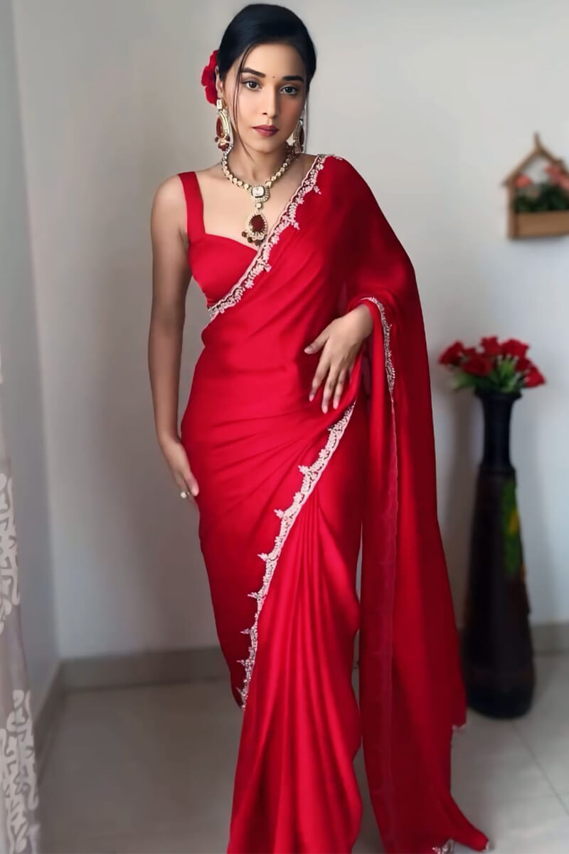 Girlish 1-Minute Ready To Wear Red Satin Silk Saree