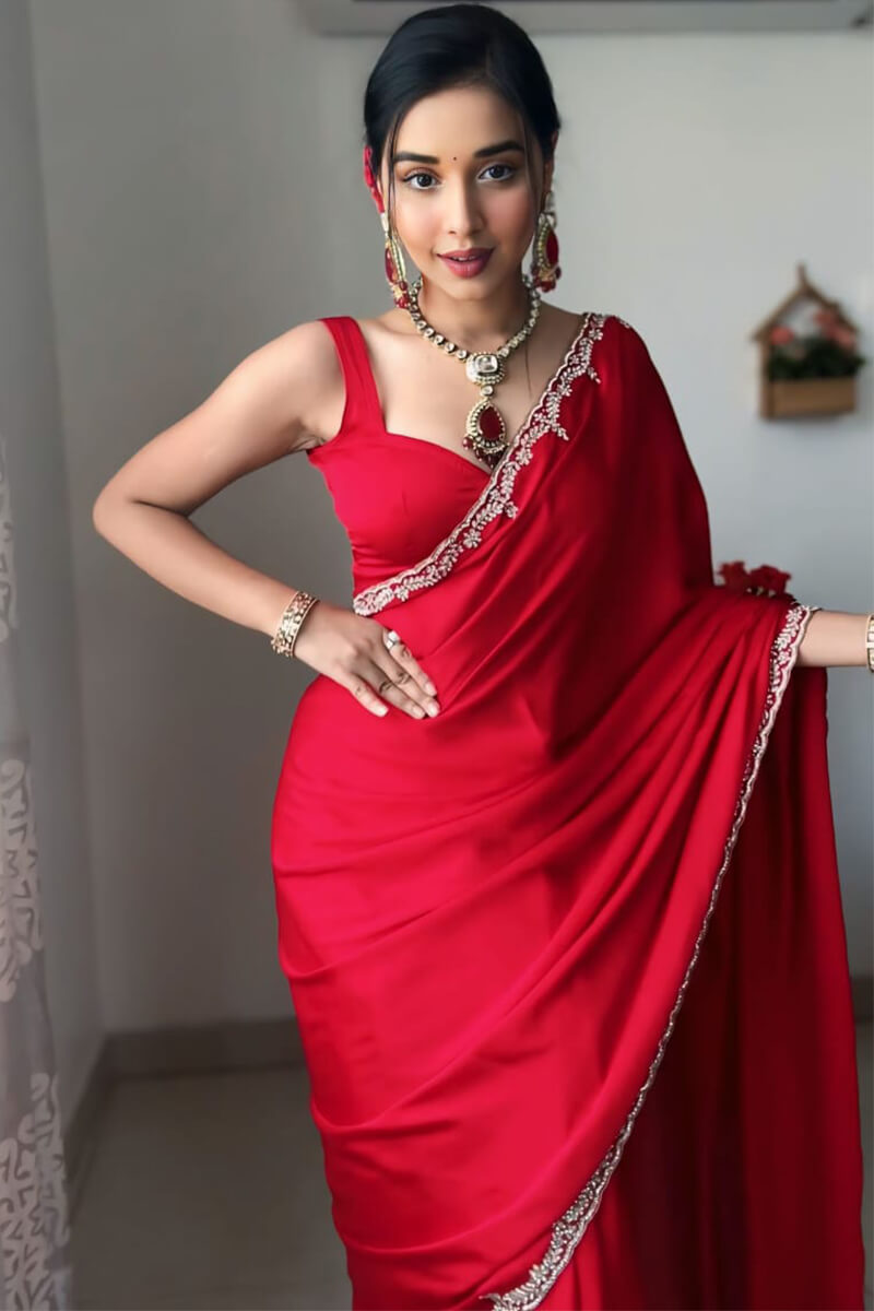 Girlish 1-Minute Ready To Wear Red Satin Silk Saree