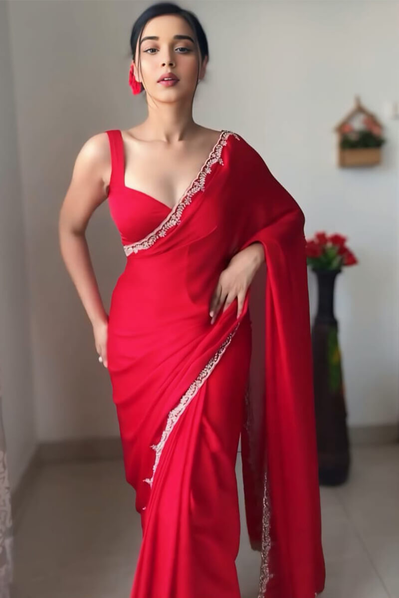 Girlish 1-Minute Ready To Wear Red Satin Silk Saree