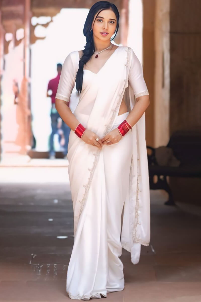 Ratatouille 1-Minute Ready To Wear White Satin Silk Saree
