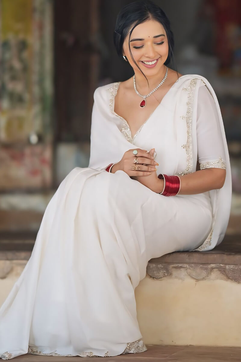 Ratatouille 1-Minute Ready To Wear White Satin Silk Saree