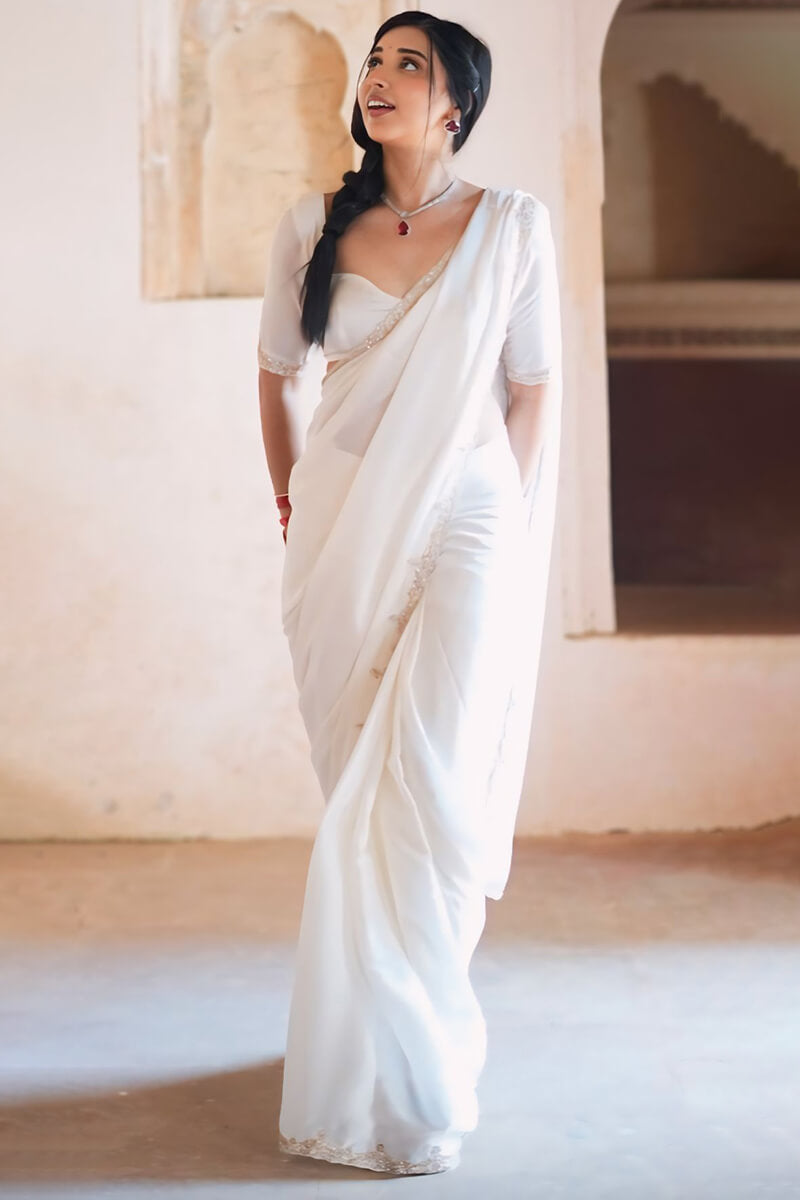 Ratatouille 1-Minute Ready To Wear White Satin Silk Saree