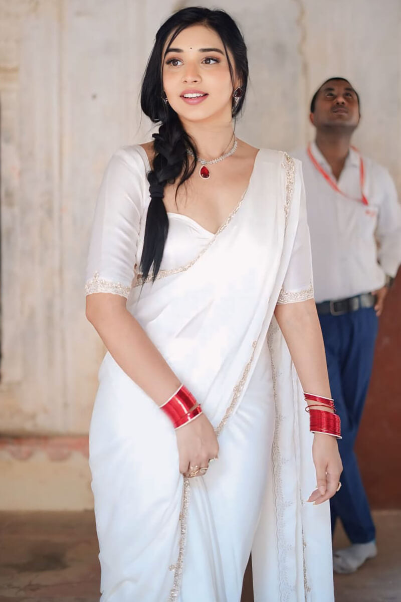 Ratatouille 1-Minute Ready To Wear White Satin Silk Saree