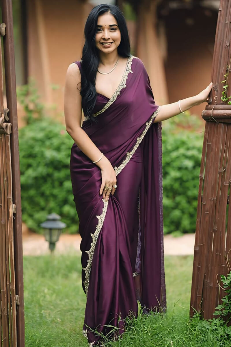 Inspiring 1-Minute Ready To Wear Wine Satin Silk Saree