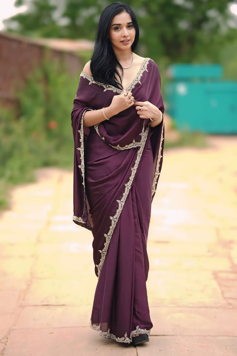 Inspiring 1-Minute Ready To Wear Wine Satin Silk Saree