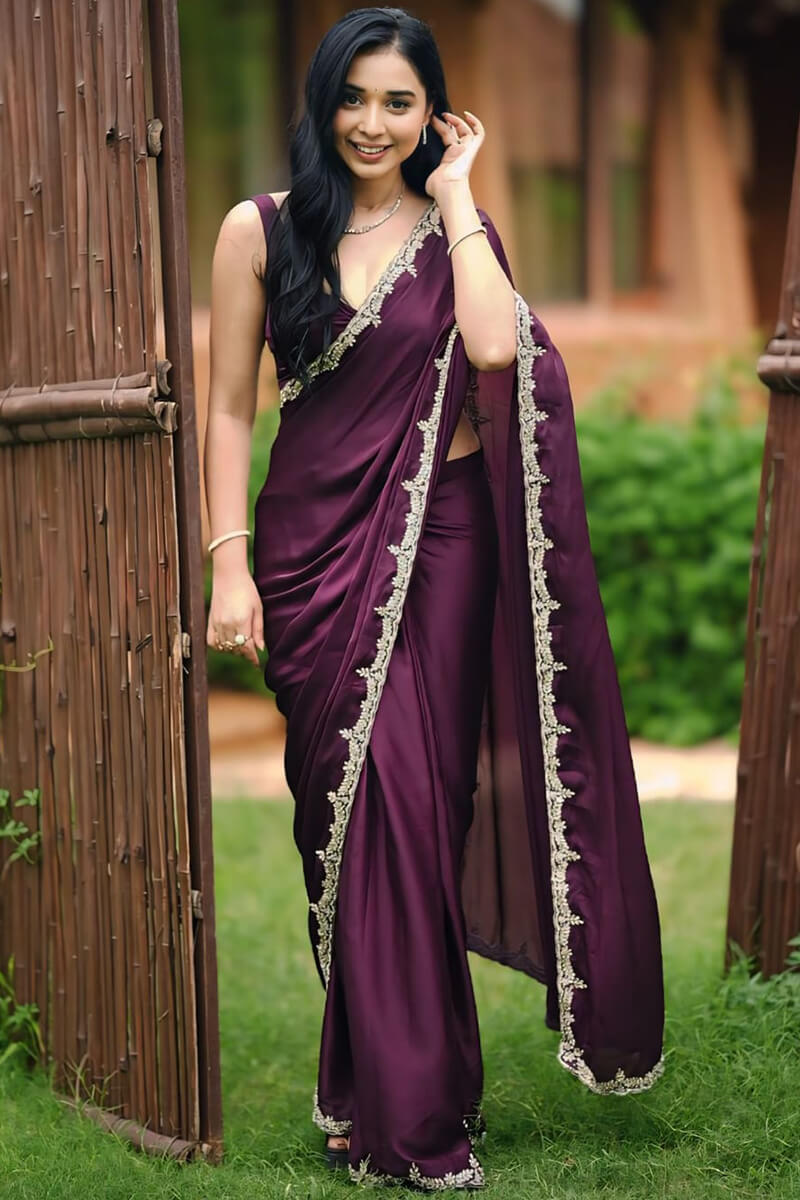 Inspiring 1-Minute Ready To Wear Wine Satin Silk Saree