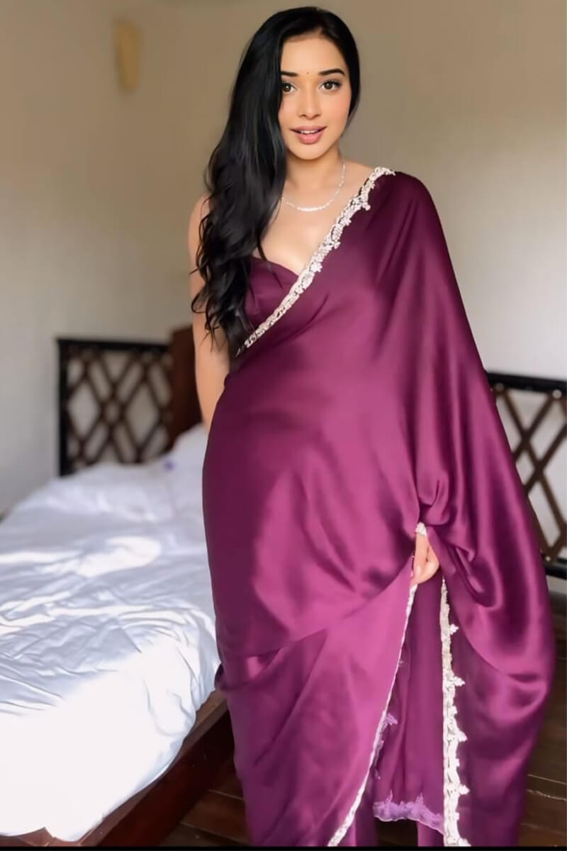 Inspiring 1-Minute Ready To Wear Wine Satin Silk Saree