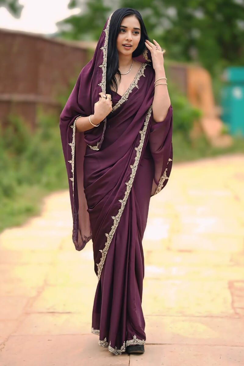 Inspiring 1-Minute Ready To Wear Wine Satin Silk Saree