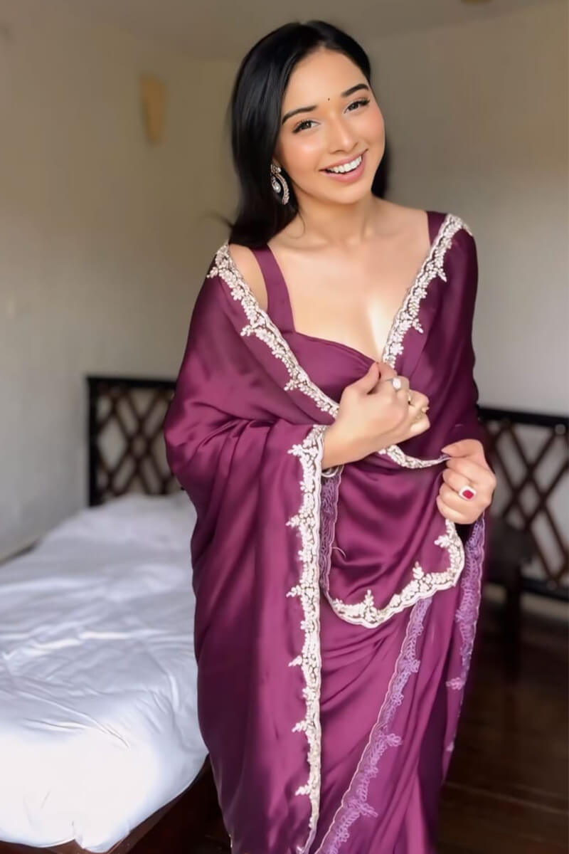 Inspiring 1-Minute Ready To Wear Wine Satin Silk Saree