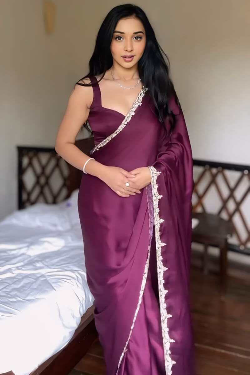 Inspiring 1-Minute Ready To Wear Wine Satin Silk Saree