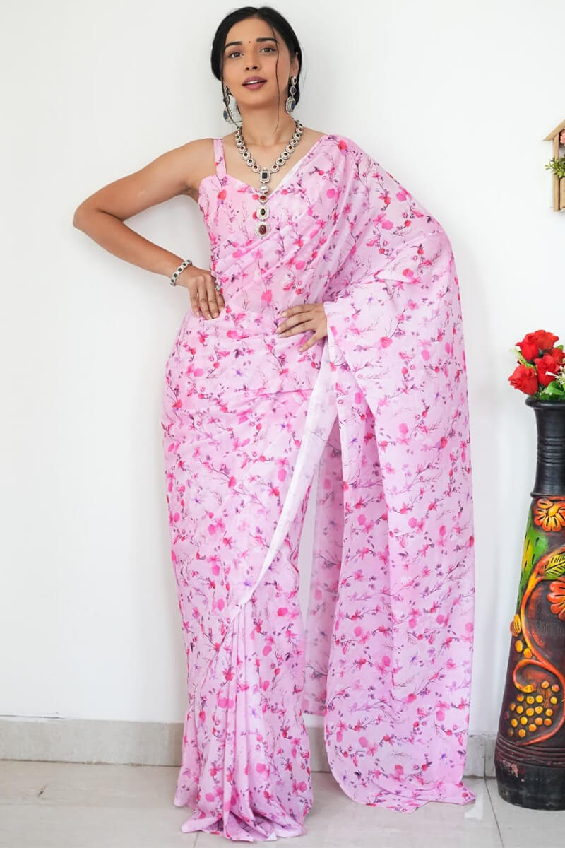 Energetic 1-Minute Ready To Wear Baby Pink Printed Satin Silk Saree