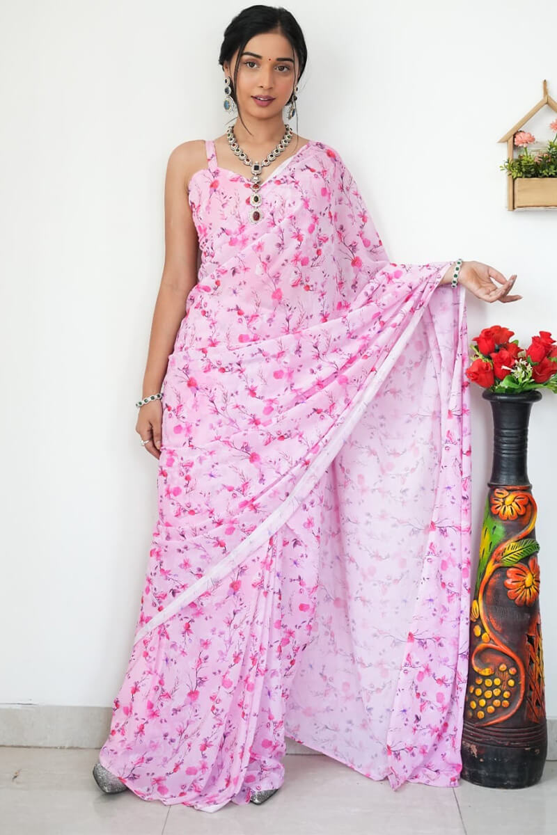 Energetic 1-Minute Ready To Wear Baby Pink Printed Satin Silk Saree