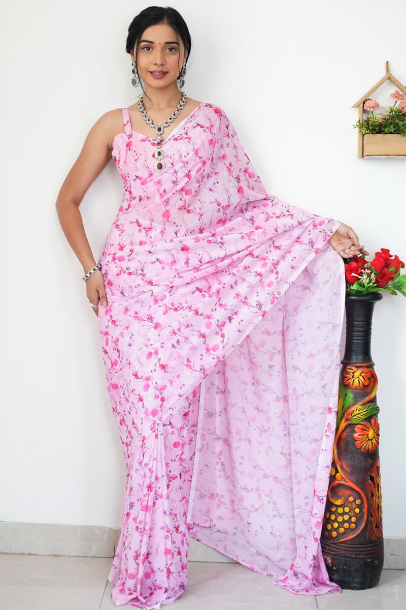 Energetic 1-Minute Ready To Wear Baby Pink Printed Satin Silk Saree
