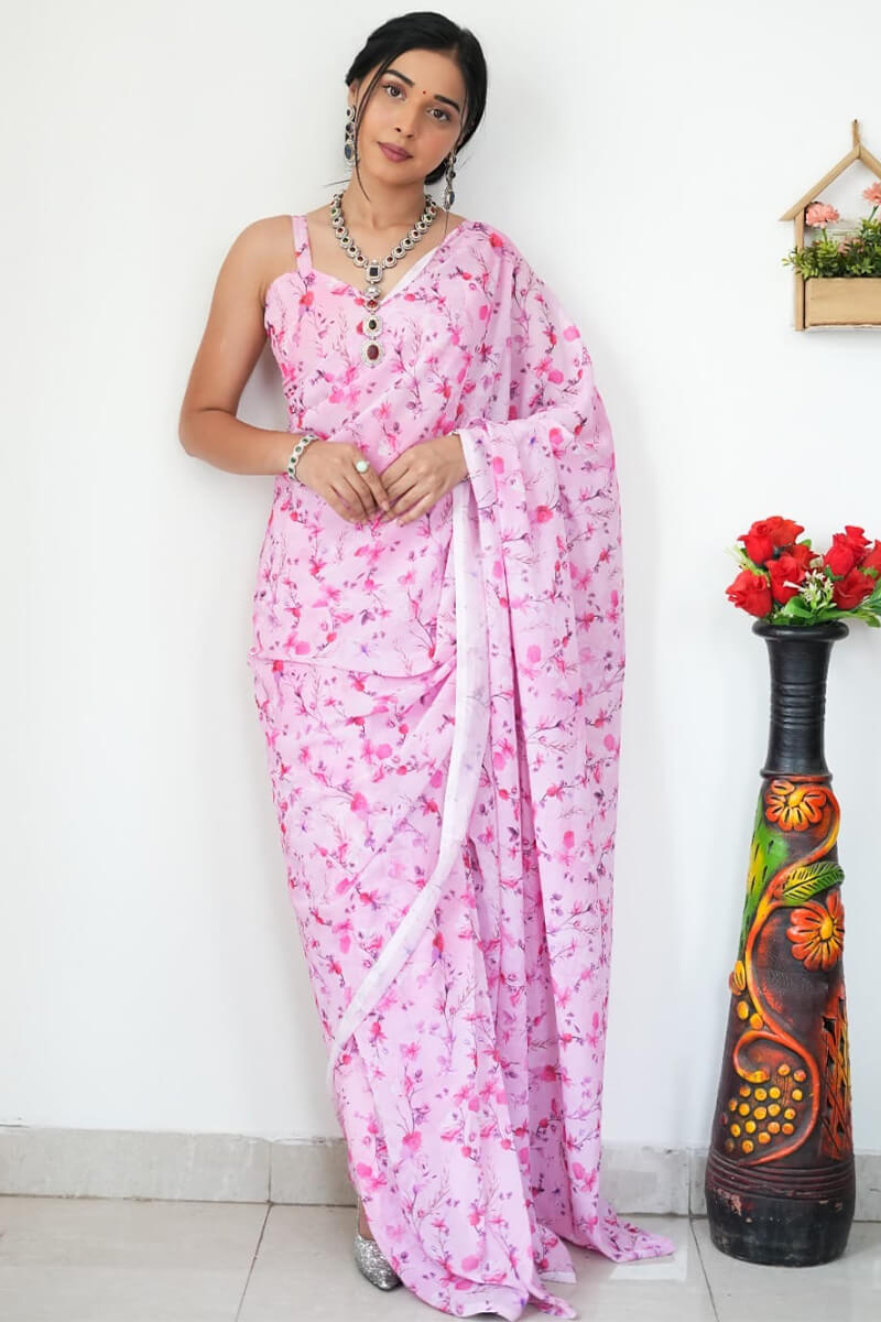 Energetic 1-Minute Ready To Wear Baby Pink Printed Satin Silk Saree