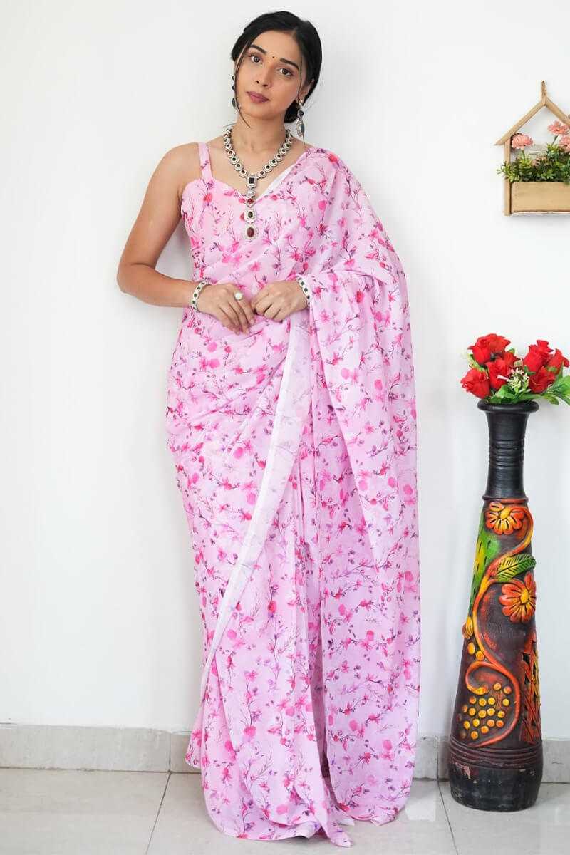 Energetic 1-Minute Ready To Wear Baby Pink Printed Satin Silk Saree