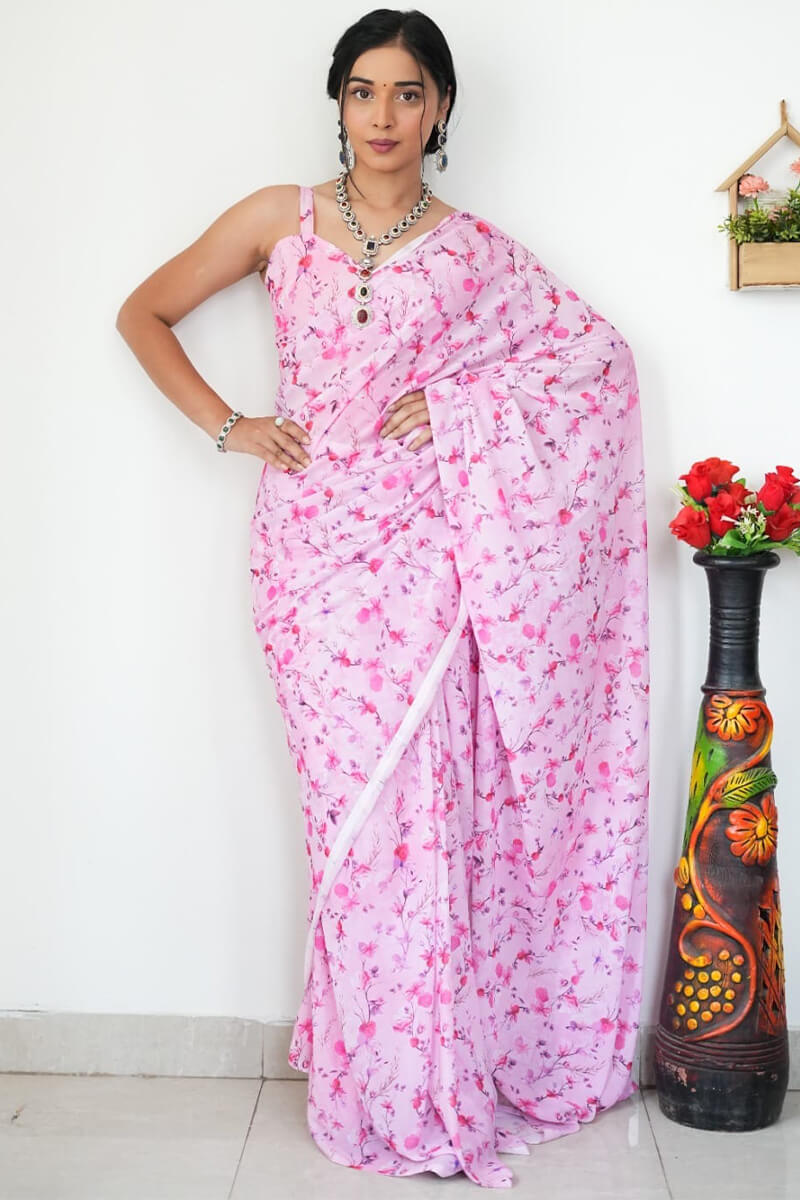 Energetic 1-Minute Ready To Wear Baby Pink Printed Satin Silk Saree
