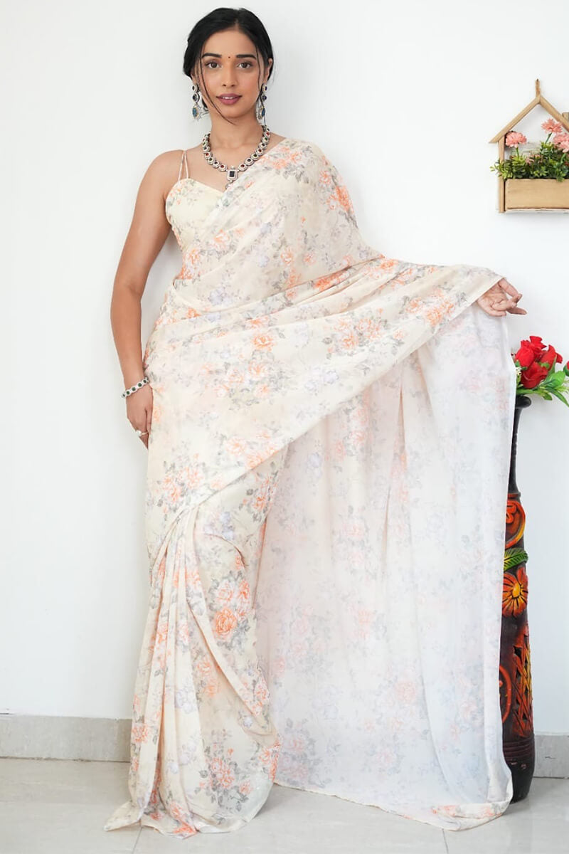 Gratifying 1-Minute Ready To Wear Beige Printed Satin Silk Saree