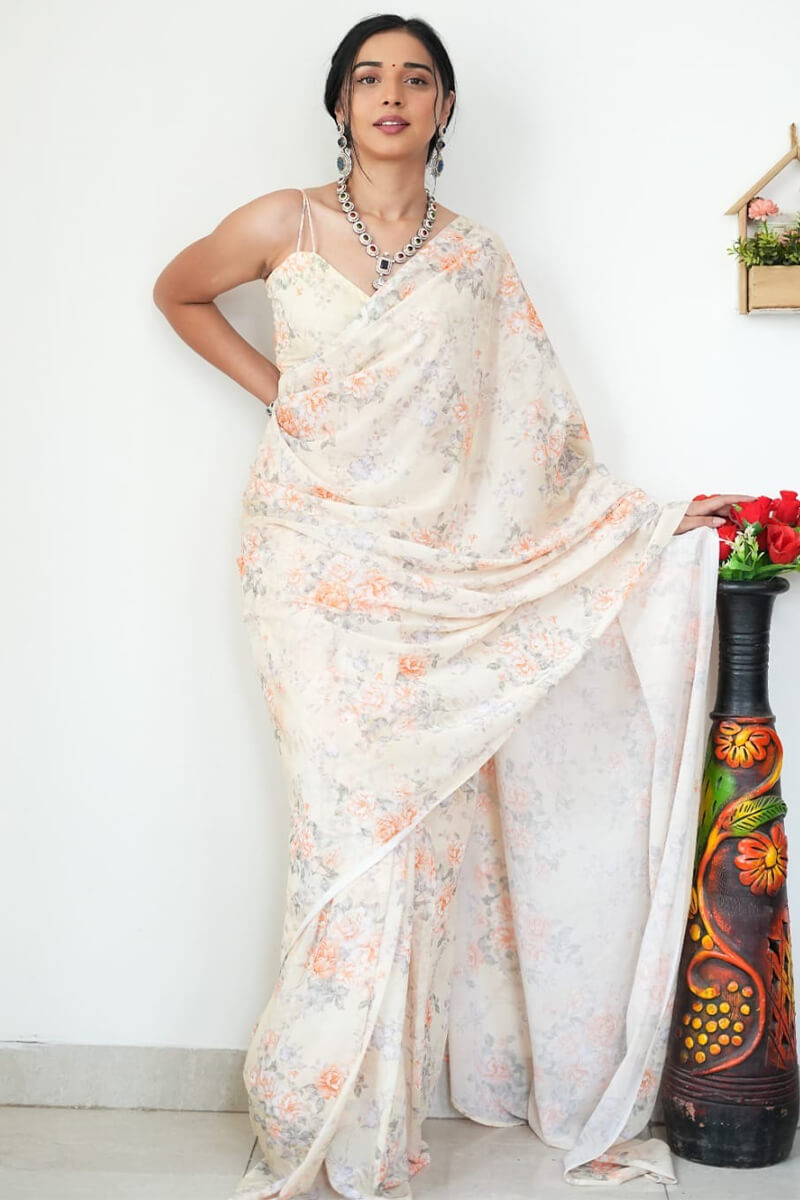 Gratifying 1-Minute Ready To Wear Beige Printed Satin Silk Saree