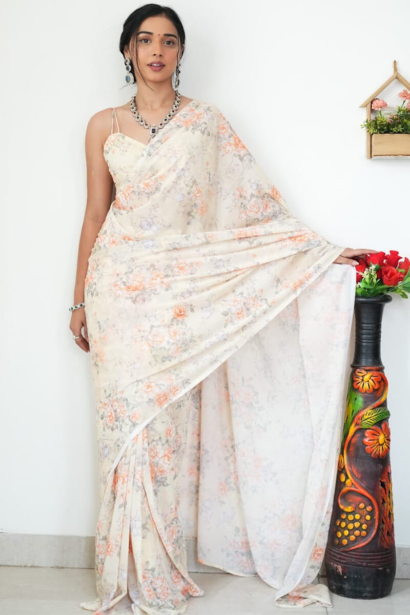 Gratifying 1-Minute Ready To Wear Beige Printed Satin Silk Saree