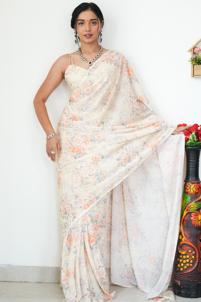 Gratifying 1-Minute Ready To Wear Beige Printed Satin Silk Saree