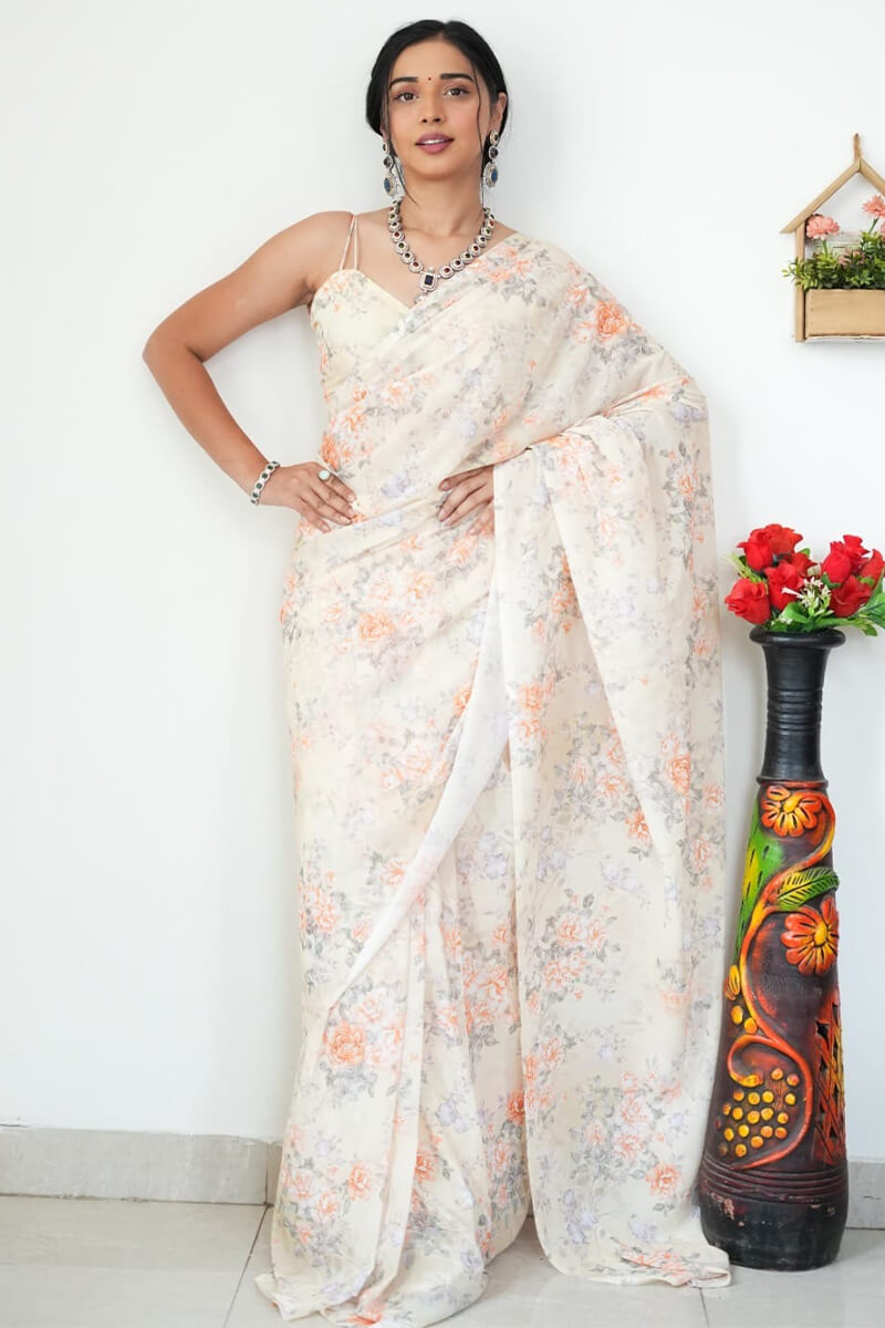 Gratifying 1-Minute Ready To Wear Beige Printed Satin Silk Saree