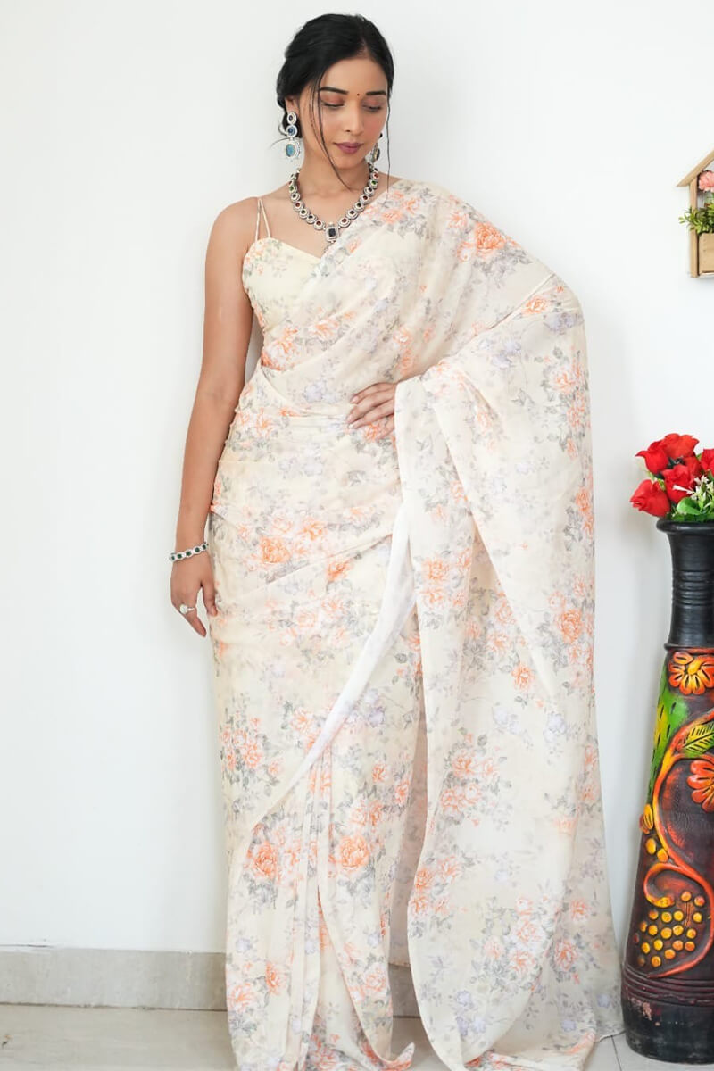 Gratifying 1-Minute Ready To Wear Beige Printed Satin Silk Saree