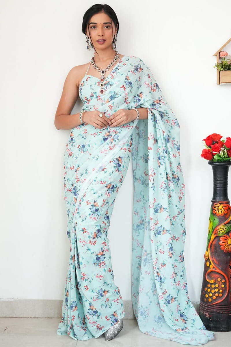 Ideal 1-Minute Ready To Wear Light Sea Green Printed Satin Silk Saree