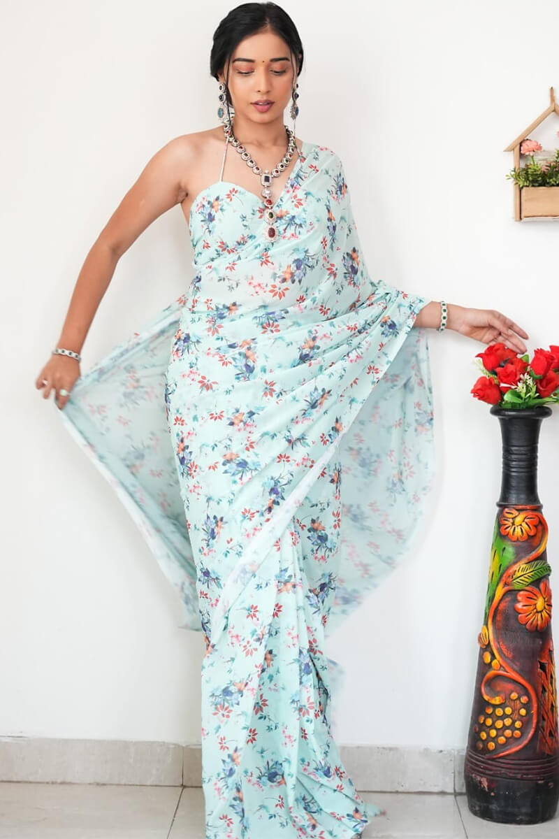 Ideal 1-Minute Ready To Wear Light Sea Green Printed Satin Silk Saree