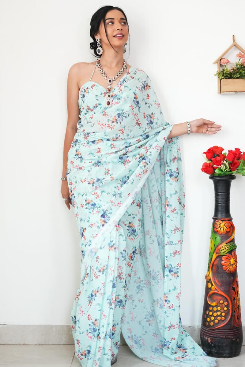 Ideal 1-Minute Ready To Wear Light Sea Green Printed Satin Silk Saree