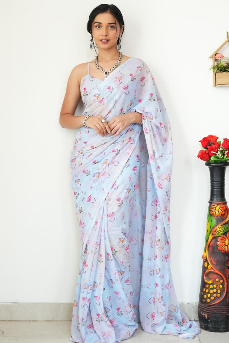 Fugacious 1-Minute Ready To Wear Sky Printed Satin Silk Saree
