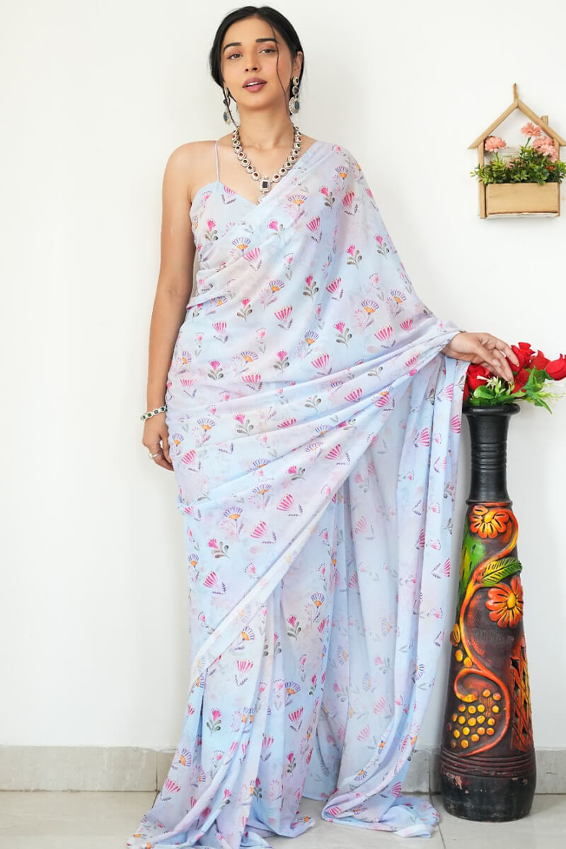 Fugacious 1-Minute Ready To Wear Sky Printed Satin Silk Saree