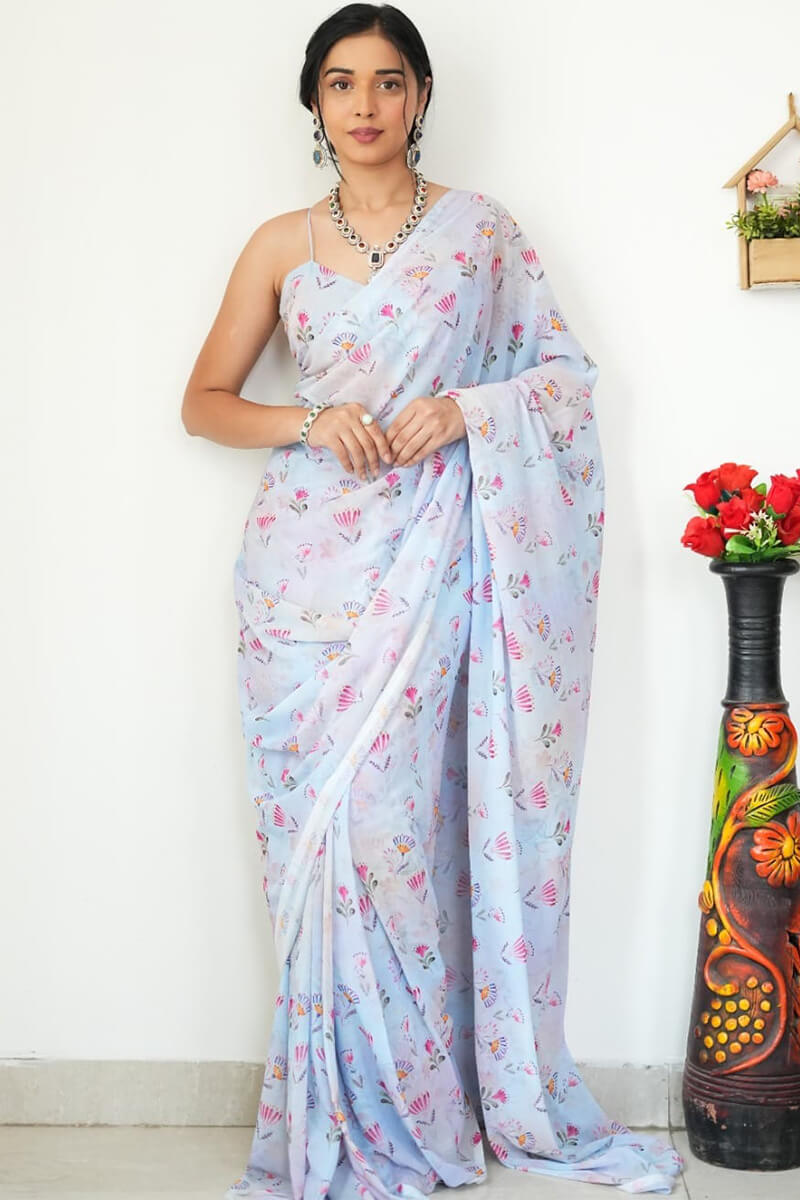 Fugacious 1-Minute Ready To Wear Sky Printed Satin Silk Saree