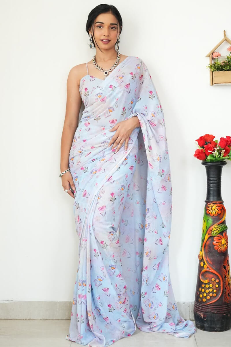 Fugacious 1-Minute Ready To Wear Sky Printed Satin Silk Saree
