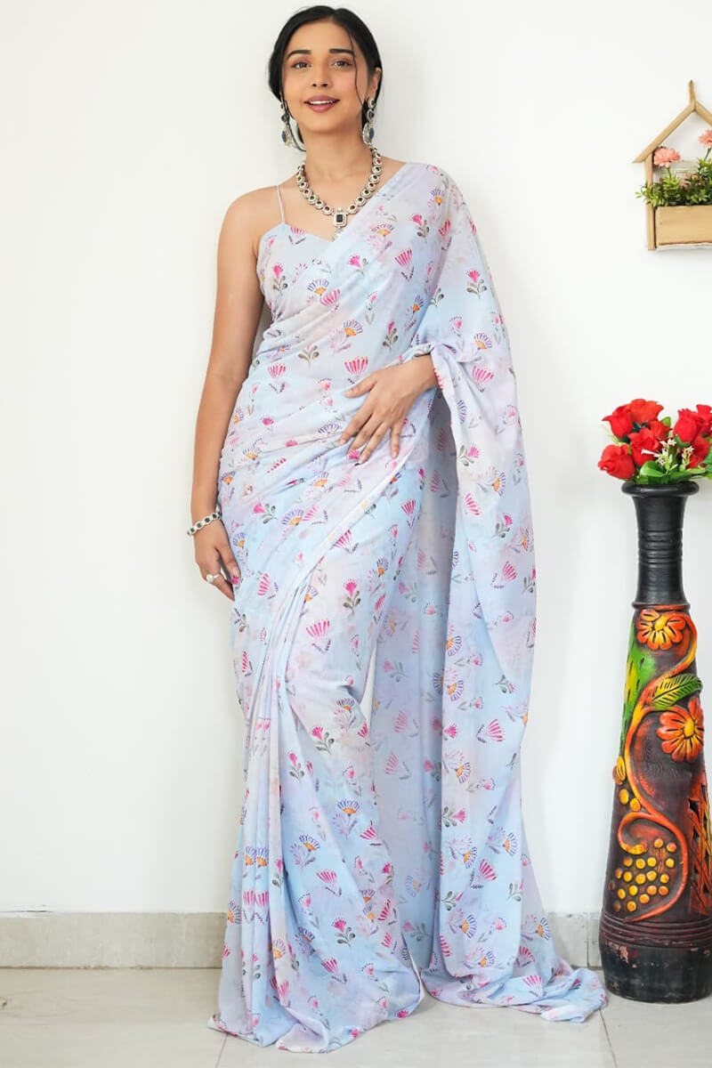 Fugacious 1-Minute Ready To Wear Sky Printed Satin Silk Saree