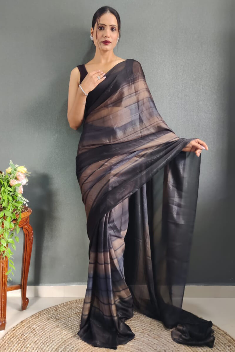Blooming 1-Minute Ready To Wear Black Nylon Silk Saree