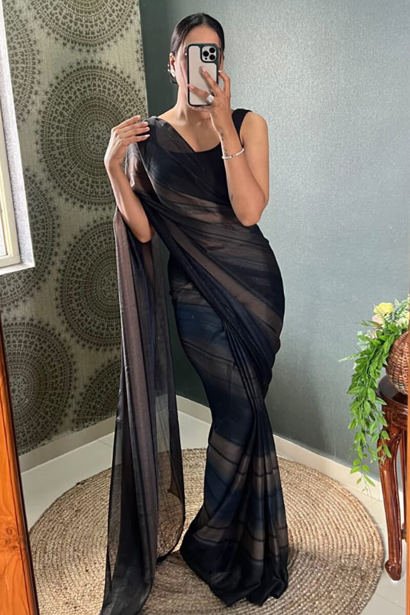 Blooming 1-Minute Ready To Wear Black Nylon Silk Saree