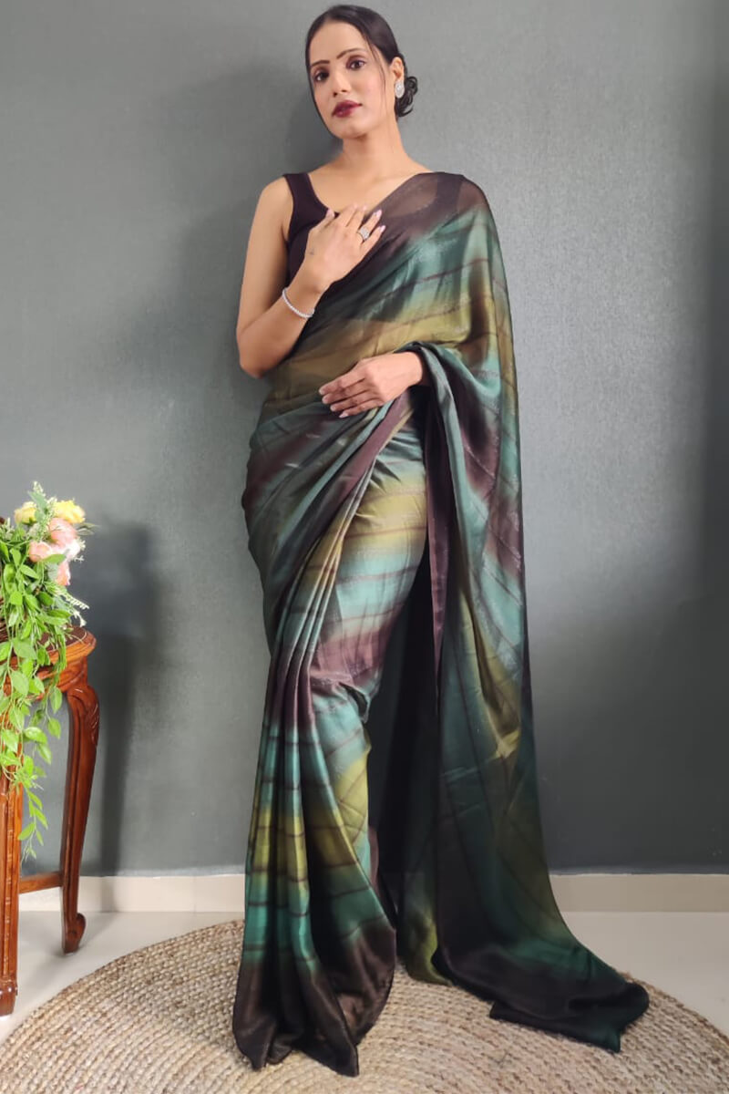 Unequalled 1-Minute Ready To Wear Dark Green Nylon Silk Saree