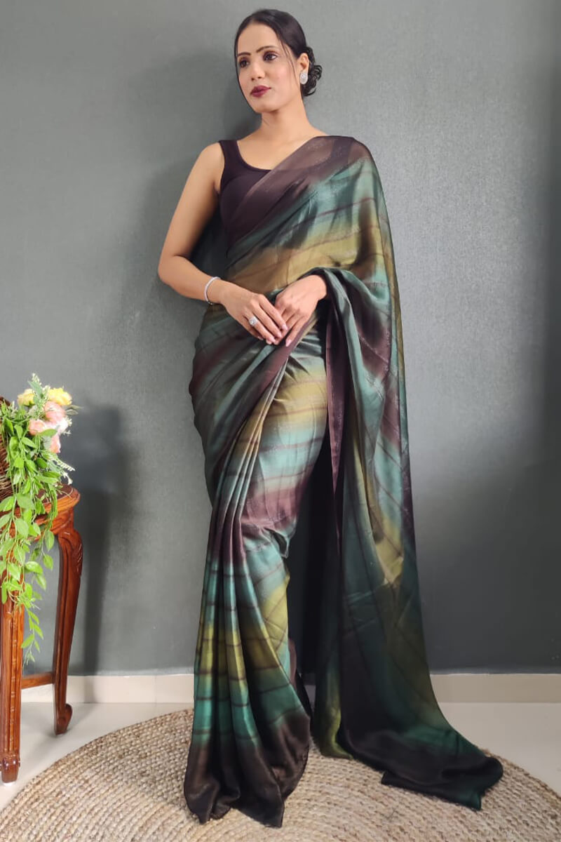 Unequalled 1-Minute Ready To Wear Dark Green Nylon Silk Saree