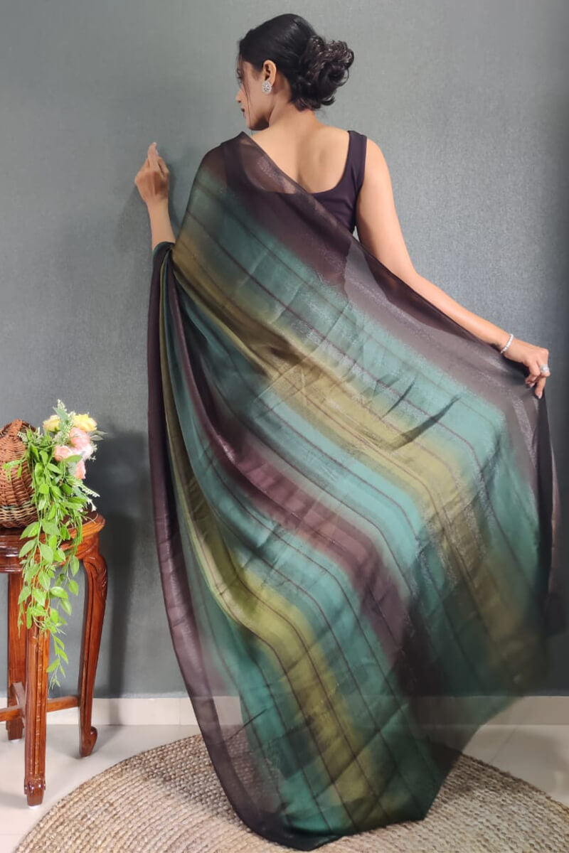 Unequalled 1-Minute Ready To Wear Dark Green Nylon Silk Saree